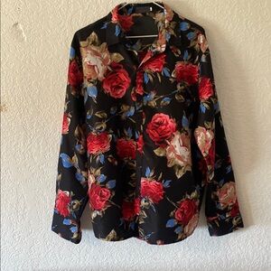 Floral Dress Shirt - Black with Red and Blue Accents